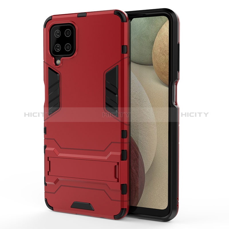 Silikon Hülle Handyhülle und Kunststoff Schutzhülle Hartschalen Tasche mit Ständer T01 für Samsung Galaxy A12 5G Rot Plus