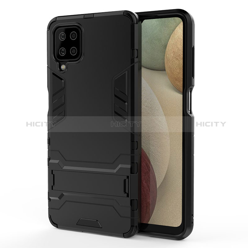 Silikon Hülle Handyhülle und Kunststoff Schutzhülle Hartschalen Tasche mit Ständer T01 für Samsung Galaxy A12 Nacho Schwarz