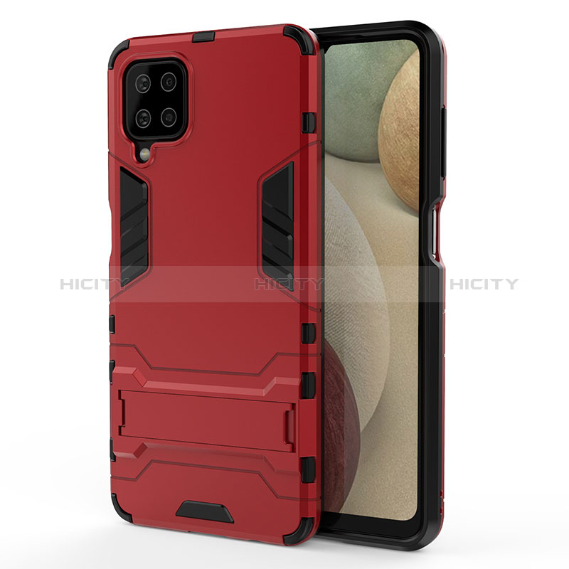 Silikon Hülle Handyhülle und Kunststoff Schutzhülle Hartschalen Tasche mit Ständer T01 für Samsung Galaxy A12 Rot Plus