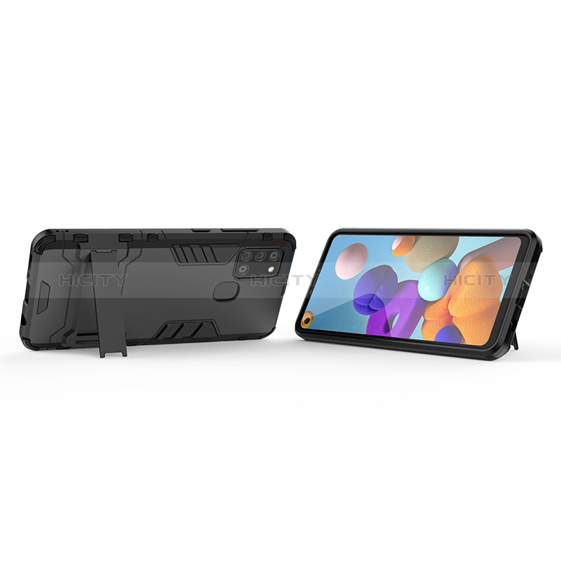 Silikon Hülle Handyhülle und Kunststoff Schutzhülle Hartschalen Tasche mit Ständer T01 für Samsung Galaxy A21s