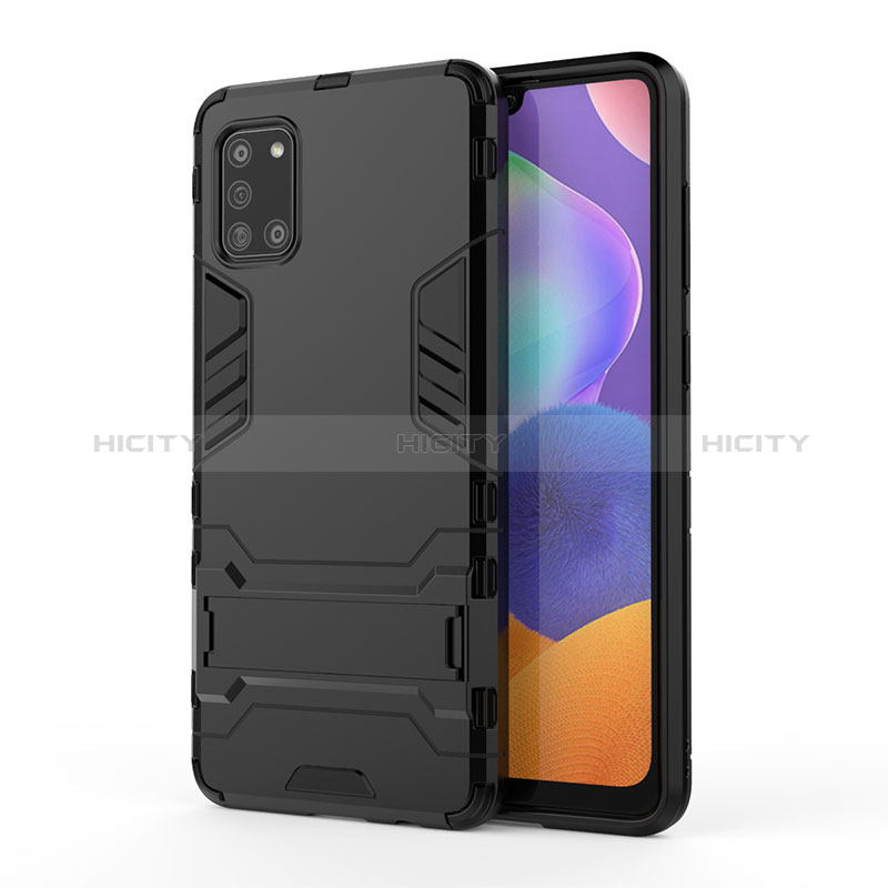 Silikon Hülle Handyhülle und Kunststoff Schutzhülle Hartschalen Tasche mit Ständer T01 für Samsung Galaxy A31 Schwarz