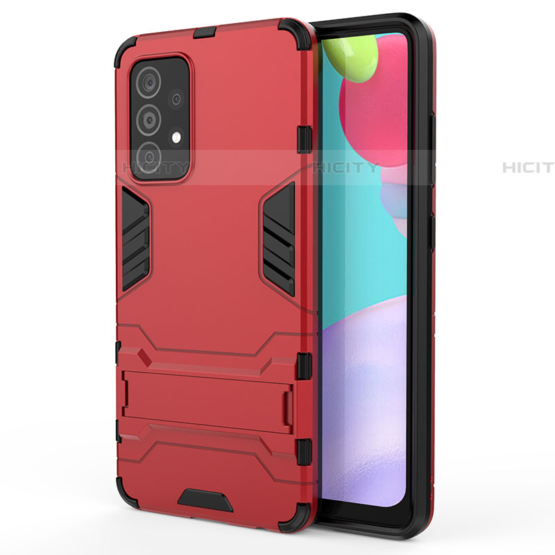 Silikon Hülle Handyhülle und Kunststoff Schutzhülle Hartschalen Tasche mit Ständer T01 für Samsung Galaxy A52 4G Rot