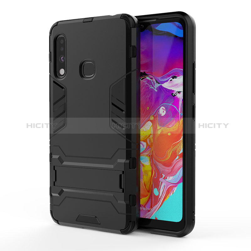 Silikon Hülle Handyhülle und Kunststoff Schutzhülle Hartschalen Tasche mit Ständer T01 für Samsung Galaxy A70E