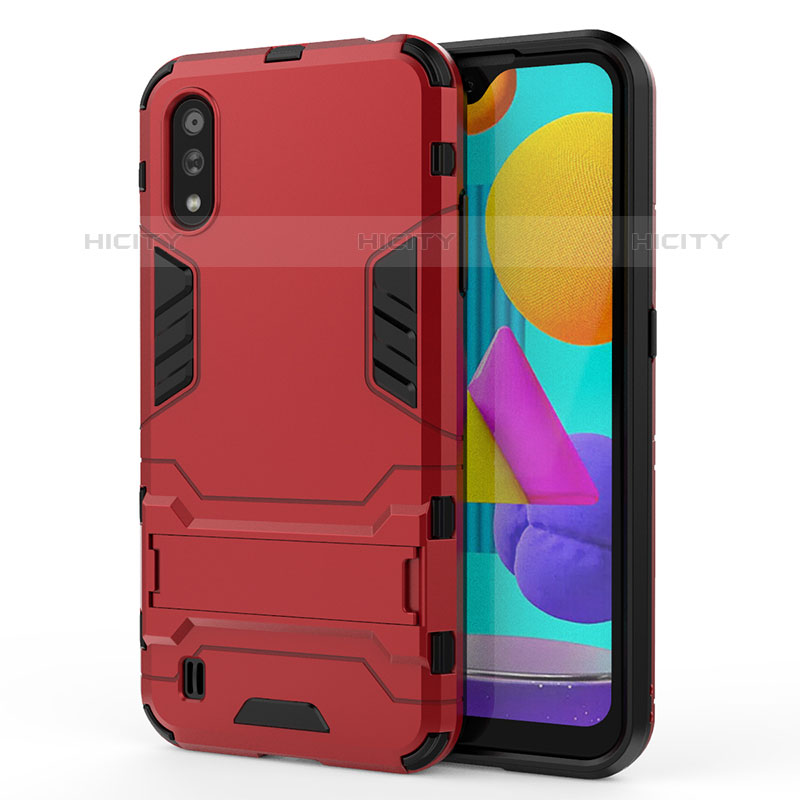 Silikon Hülle Handyhülle und Kunststoff Schutzhülle Hartschalen Tasche mit Ständer T01 für Samsung Galaxy M01 Rot