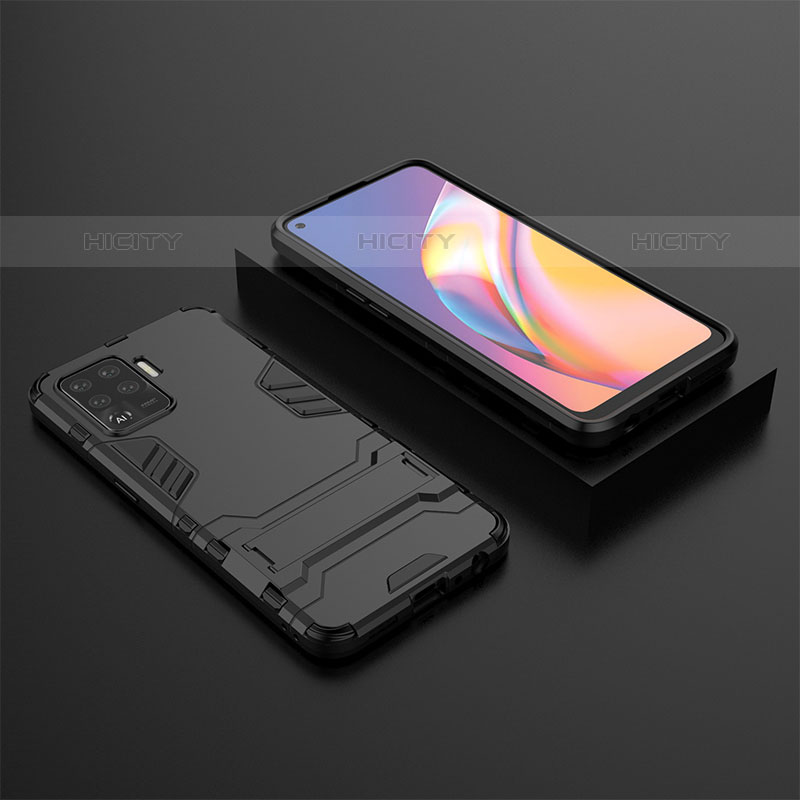 Silikon Hülle Handyhülle und Kunststoff Schutzhülle Hartschalen Tasche mit Ständer T02 für Oppo A94 4G Schwarz