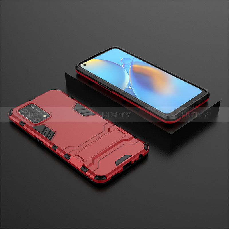 Silikon Hülle Handyhülle und Kunststoff Schutzhülle Hartschalen Tasche mit Ständer T02 für Oppo A95 4G Rot