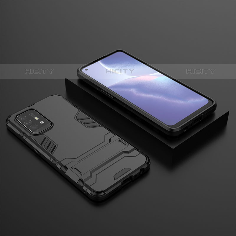 Silikon Hülle Handyhülle und Kunststoff Schutzhülle Hartschalen Tasche mit Ständer T02 für Oppo F19 Pro+ Plus 5G Schwarz