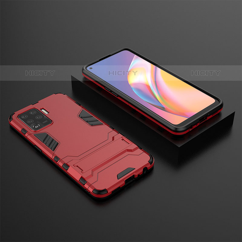 Silikon Hülle Handyhülle und Kunststoff Schutzhülle Hartschalen Tasche mit Ständer T02 für Oppo F19 Pro Rot Plus