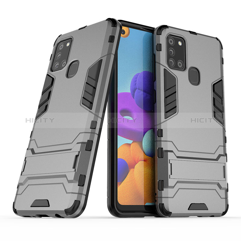 Silikon Hülle Handyhülle und Kunststoff Schutzhülle Hartschalen Tasche mit Ständer T02 für Samsung Galaxy A21s Grau Plus