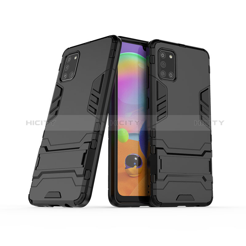 Silikon Hülle Handyhülle und Kunststoff Schutzhülle Hartschalen Tasche mit Ständer T02 für Samsung Galaxy A31 Schwarz Plus