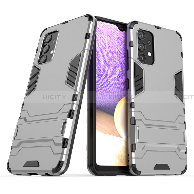 Silikon Hülle Handyhülle und Kunststoff Schutzhülle Hartschalen Tasche mit Ständer T02 für Samsung Galaxy A32 4G Grau Plus