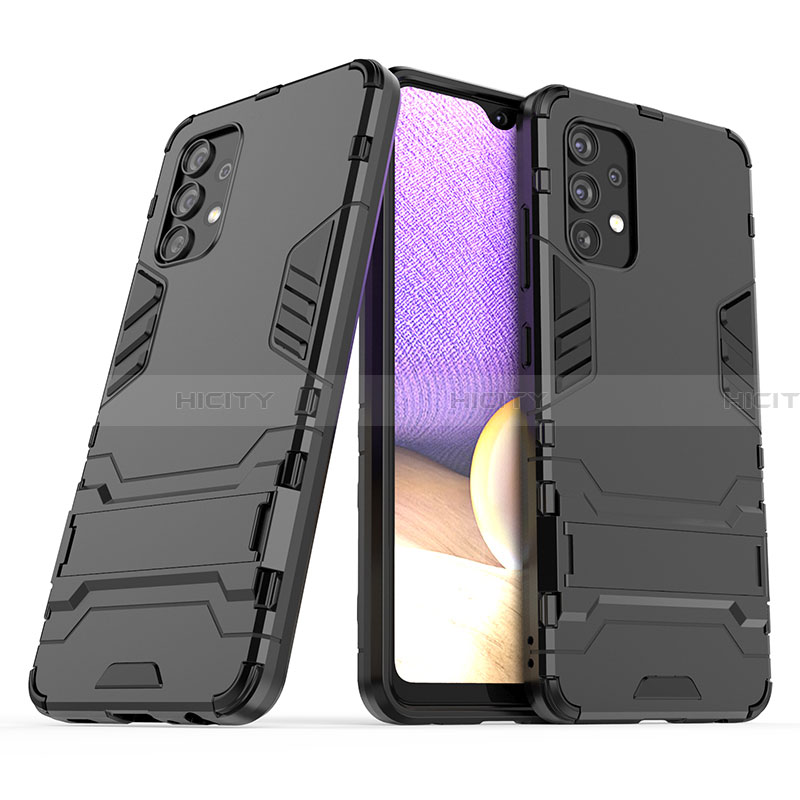 Silikon Hülle Handyhülle und Kunststoff Schutzhülle Hartschalen Tasche mit Ständer T02 für Samsung Galaxy A32 4G Schwarz