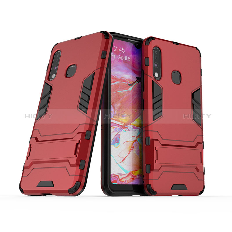 Silikon Hülle Handyhülle und Kunststoff Schutzhülle Hartschalen Tasche mit Ständer T02 für Samsung Galaxy A70E Rot