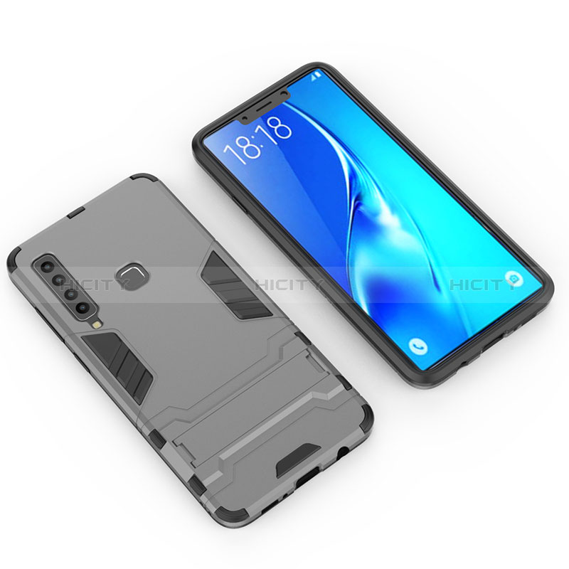 Silikon Hülle Handyhülle und Kunststoff Schutzhülle Hartschalen Tasche mit Ständer T02 für Samsung Galaxy A9 (2018) A920 Grau