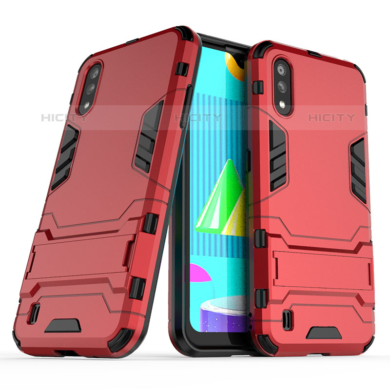 Silikon Hülle Handyhülle und Kunststoff Schutzhülle Hartschalen Tasche mit Ständer T02 für Samsung Galaxy M01 Rot Plus