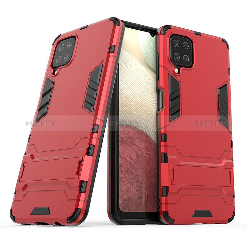 Silikon Hülle Handyhülle und Kunststoff Schutzhülle Hartschalen Tasche mit Ständer T02 für Samsung Galaxy M12 Rot Plus