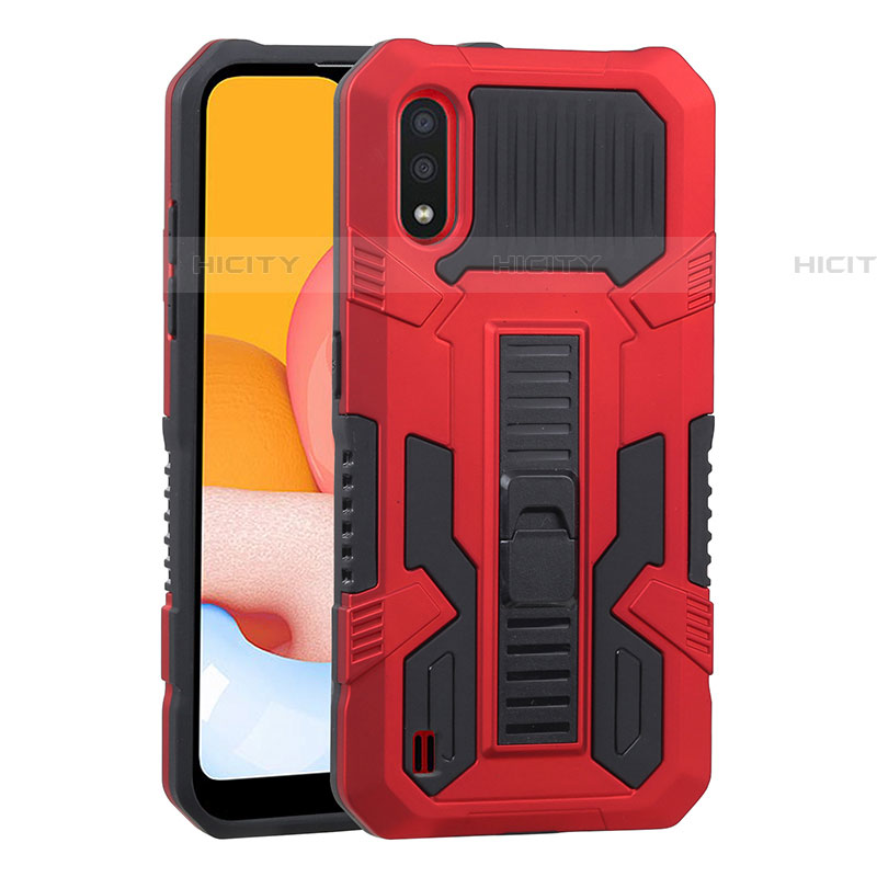 Silikon Hülle Handyhülle und Kunststoff Schutzhülle Hartschalen Tasche mit Ständer T03 für Samsung Galaxy A01 SM-A015 Rot