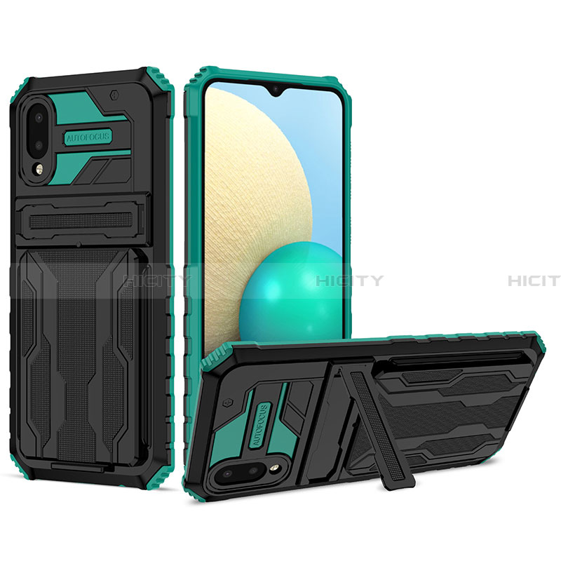 Silikon Hülle Handyhülle und Kunststoff Schutzhülle Hartschalen Tasche mit Ständer YF1 für Samsung Galaxy A02 Grün Plus