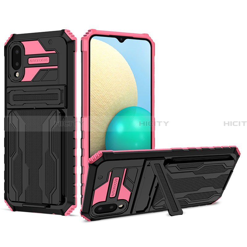 Silikon Hülle Handyhülle und Kunststoff Schutzhülle Hartschalen Tasche mit Ständer YF1 für Samsung Galaxy A02 Rosa Plus