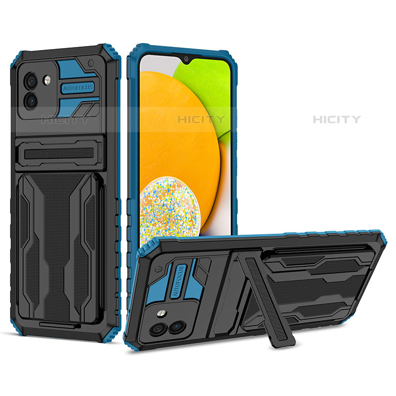 Silikon Hülle Handyhülle und Kunststoff Schutzhülle Hartschalen Tasche mit Ständer YF1 für Samsung Galaxy A03 Blau