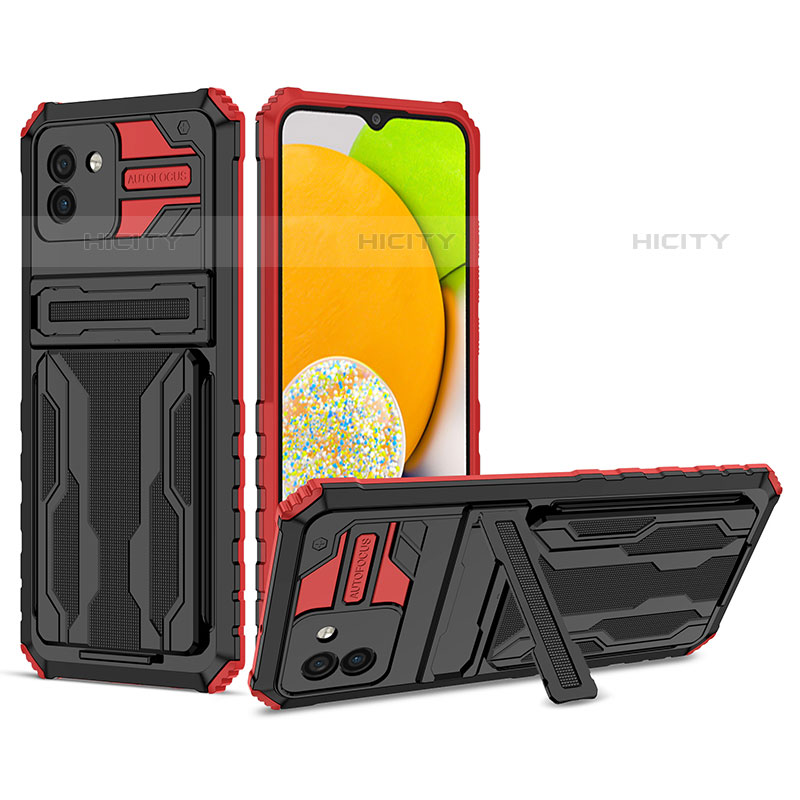 Silikon Hülle Handyhülle und Kunststoff Schutzhülle Hartschalen Tasche mit Ständer YF1 für Samsung Galaxy A03 Rot Plus