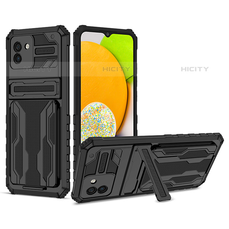 Silikon Hülle Handyhülle und Kunststoff Schutzhülle Hartschalen Tasche mit Ständer YF1 für Samsung Galaxy A03 Schwarz