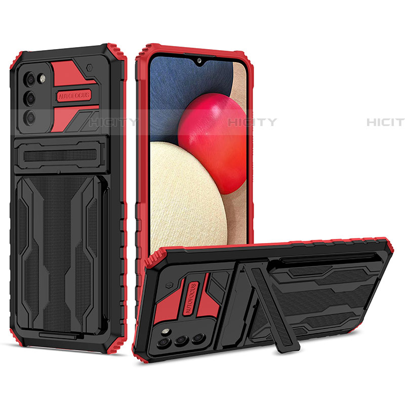 Silikon Hülle Handyhülle und Kunststoff Schutzhülle Hartschalen Tasche mit Ständer YF1 für Samsung Galaxy A03s Rot