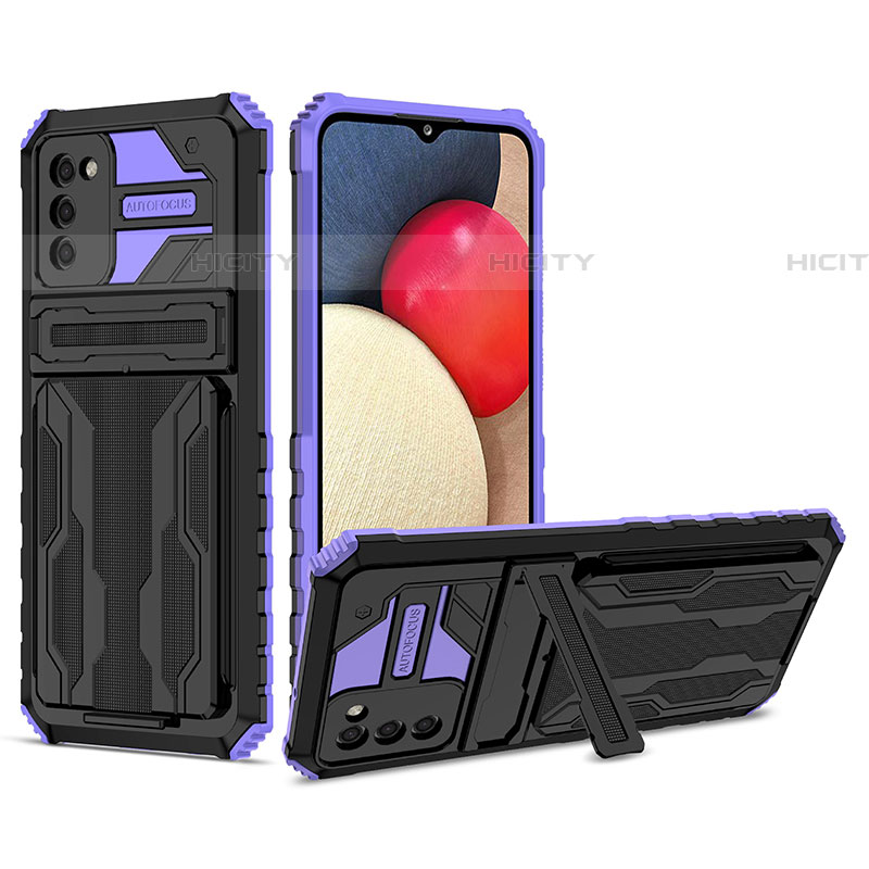 Silikon Hülle Handyhülle und Kunststoff Schutzhülle Hartschalen Tasche mit Ständer YF1 für Samsung Galaxy A03s Violett