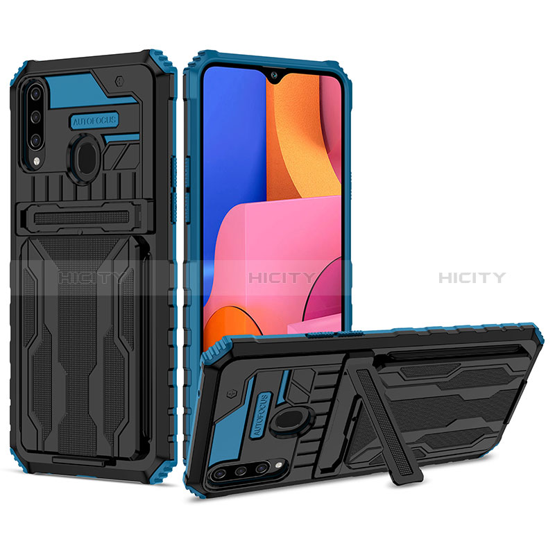 Silikon Hülle Handyhülle und Kunststoff Schutzhülle Hartschalen Tasche mit Ständer YF1 für Samsung Galaxy A20s Blau Plus