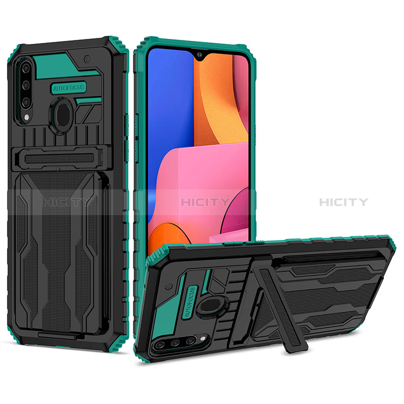 Silikon Hülle Handyhülle und Kunststoff Schutzhülle Hartschalen Tasche mit Ständer YF1 für Samsung Galaxy A20s Grün