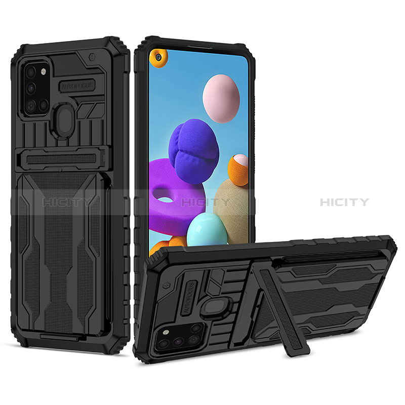 Silikon Hülle Handyhülle und Kunststoff Schutzhülle Hartschalen Tasche mit Ständer YF1 für Samsung Galaxy A21s groß