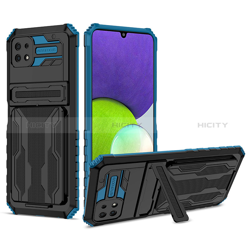 Silikon Hülle Handyhülle und Kunststoff Schutzhülle Hartschalen Tasche mit Ständer YF1 für Samsung Galaxy A22s 5G Blau