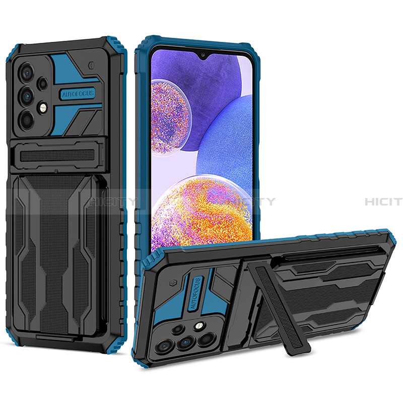 Silikon Hülle Handyhülle und Kunststoff Schutzhülle Hartschalen Tasche mit Ständer YF1 für Samsung Galaxy A23 4G Blau Plus