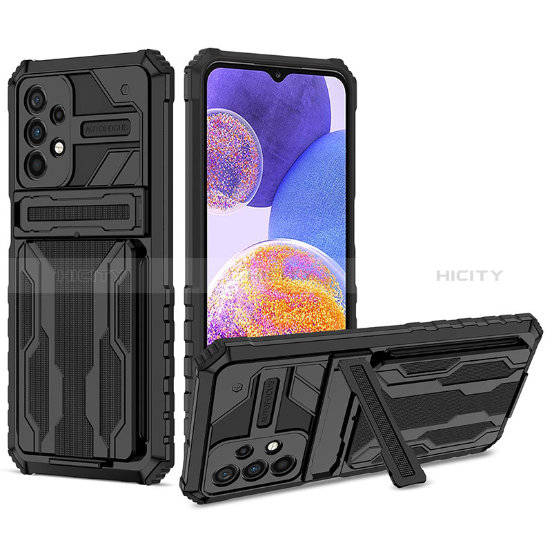 Silikon Hülle Handyhülle und Kunststoff Schutzhülle Hartschalen Tasche mit Ständer YF1 für Samsung Galaxy A23 5G Schwarz Plus