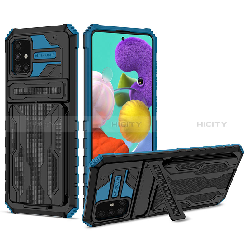 Silikon Hülle Handyhülle und Kunststoff Schutzhülle Hartschalen Tasche mit Ständer YF1 für Samsung Galaxy A31 Blau