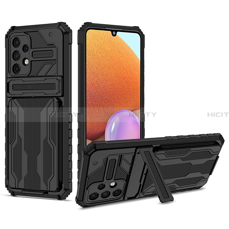 Silikon Hülle Handyhülle und Kunststoff Schutzhülle Hartschalen Tasche mit Ständer YF1 für Samsung Galaxy A32 4G Schwarz