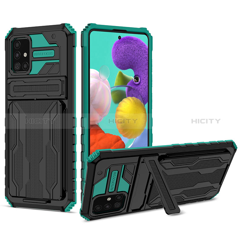 Silikon Hülle Handyhülle und Kunststoff Schutzhülle Hartschalen Tasche mit Ständer YF1 für Samsung Galaxy A51 5G Grün