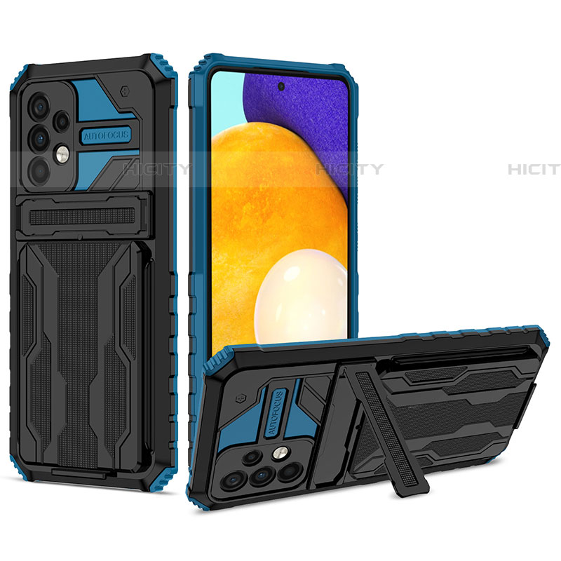 Silikon Hülle Handyhülle und Kunststoff Schutzhülle Hartschalen Tasche mit Ständer YF1 für Samsung Galaxy A52 4G Blau