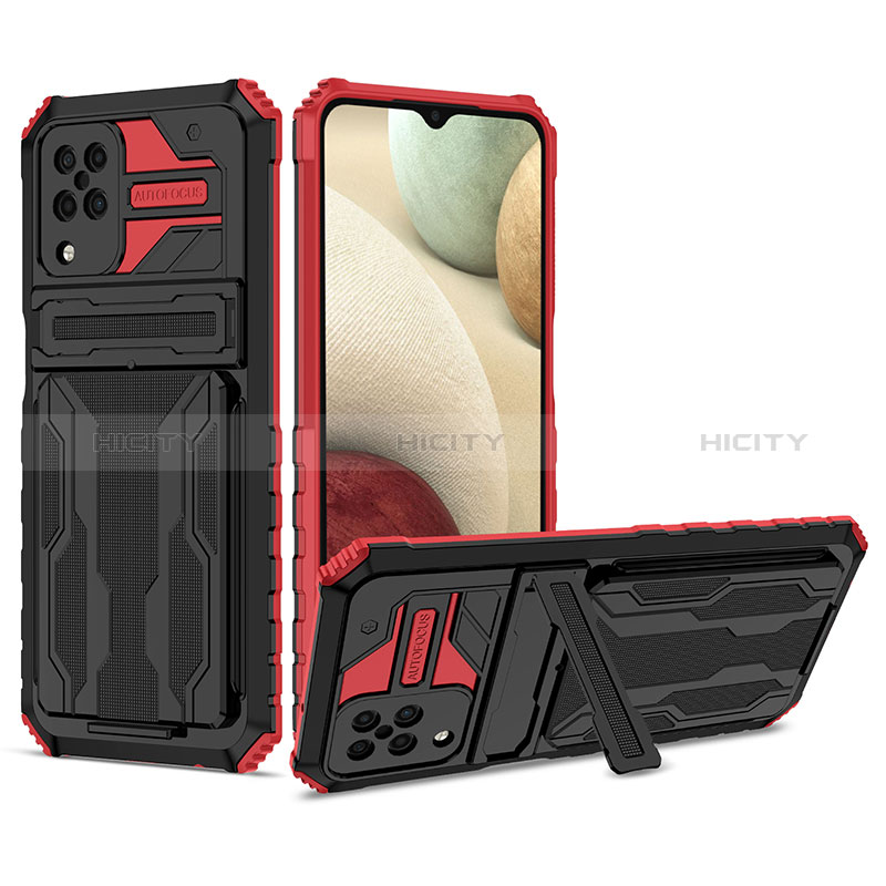 Silikon Hülle Handyhülle und Kunststoff Schutzhülle Hartschalen Tasche mit Ständer YF1 für Samsung Galaxy F12 Rot