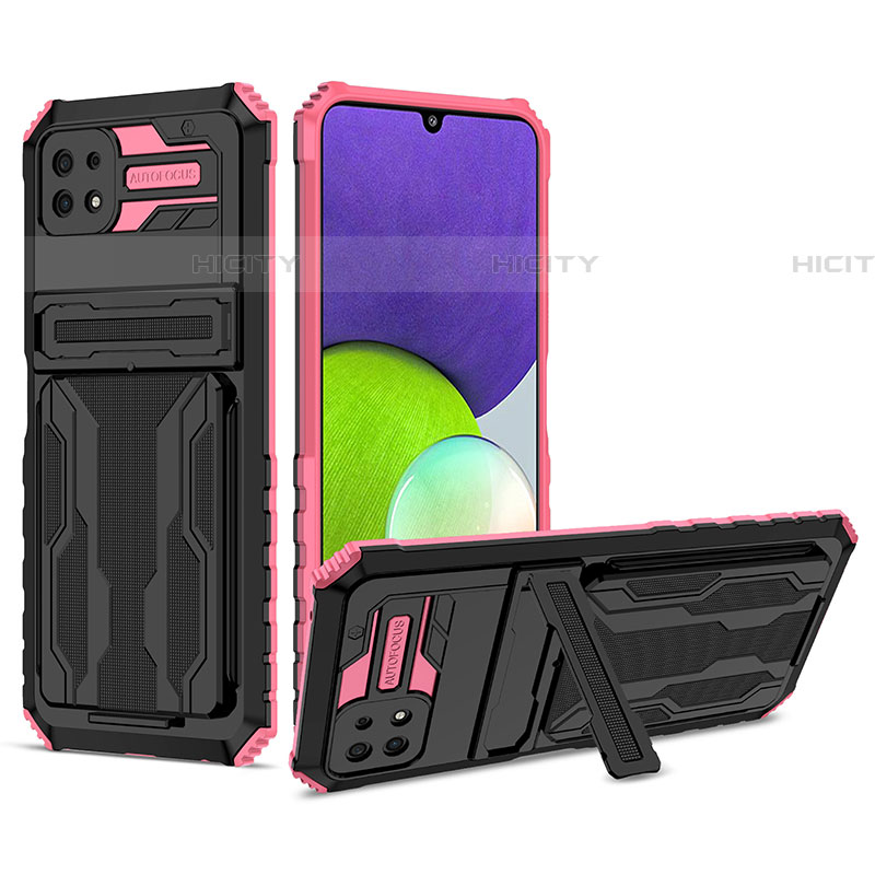 Silikon Hülle Handyhülle und Kunststoff Schutzhülle Hartschalen Tasche mit Ständer YF1 für Samsung Galaxy F42 5G Rosa