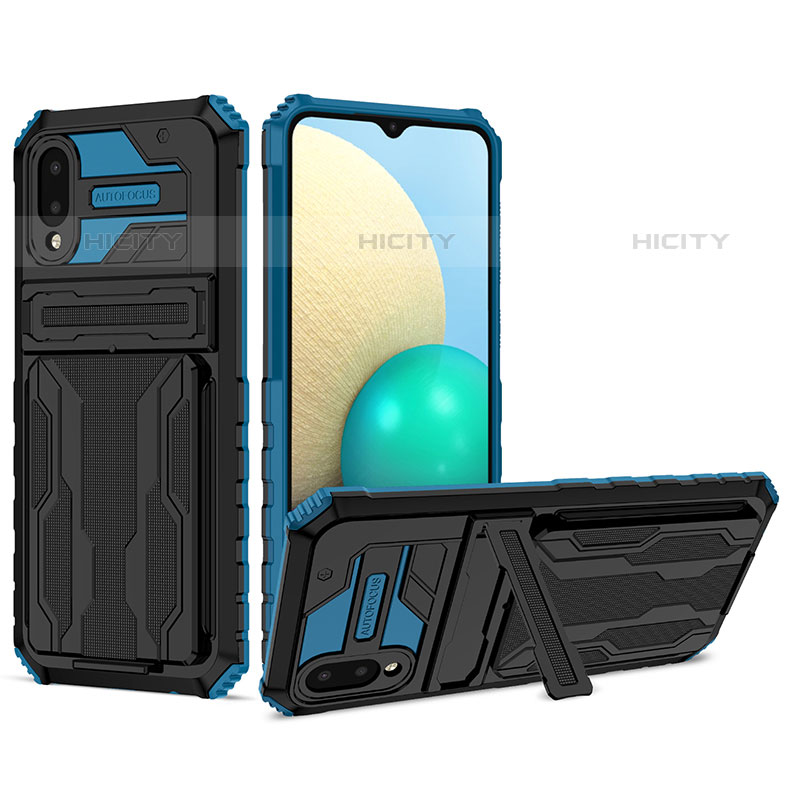 Silikon Hülle Handyhülle und Kunststoff Schutzhülle Hartschalen Tasche mit Ständer YF1 für Samsung Galaxy M02 Blau