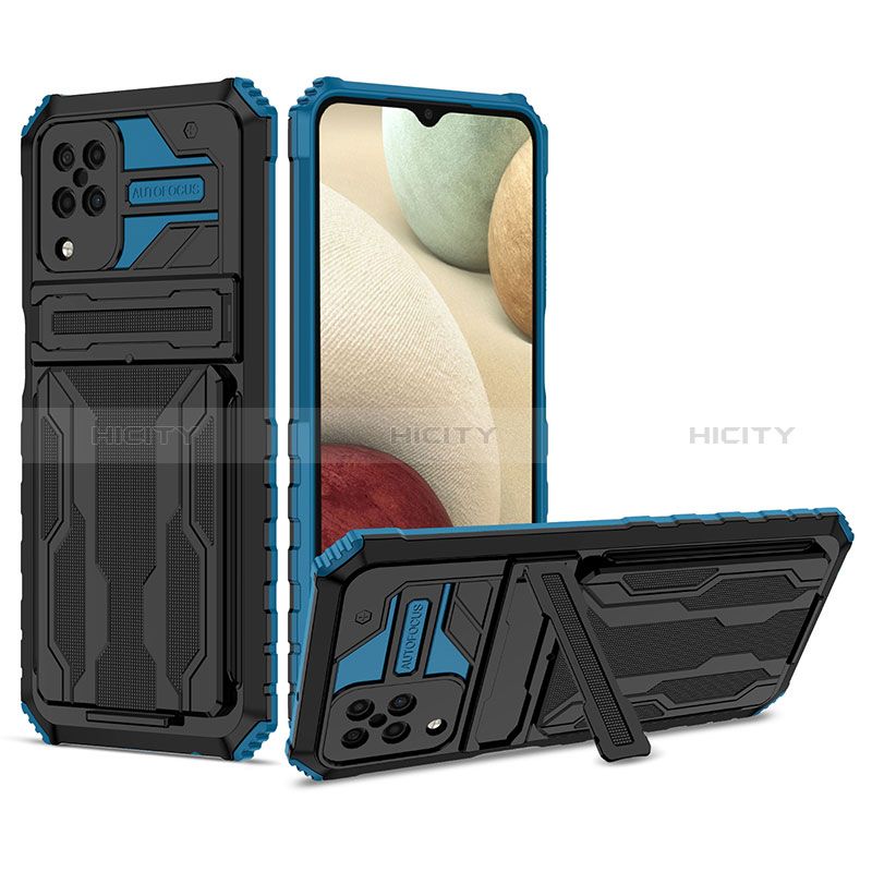 Silikon Hülle Handyhülle und Kunststoff Schutzhülle Hartschalen Tasche mit Ständer YF1 für Samsung Galaxy M12 Blau