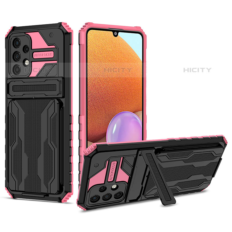 Silikon Hülle Handyhülle und Kunststoff Schutzhülle Hartschalen Tasche mit Ständer YF1 für Samsung Galaxy M32 5G Rosa