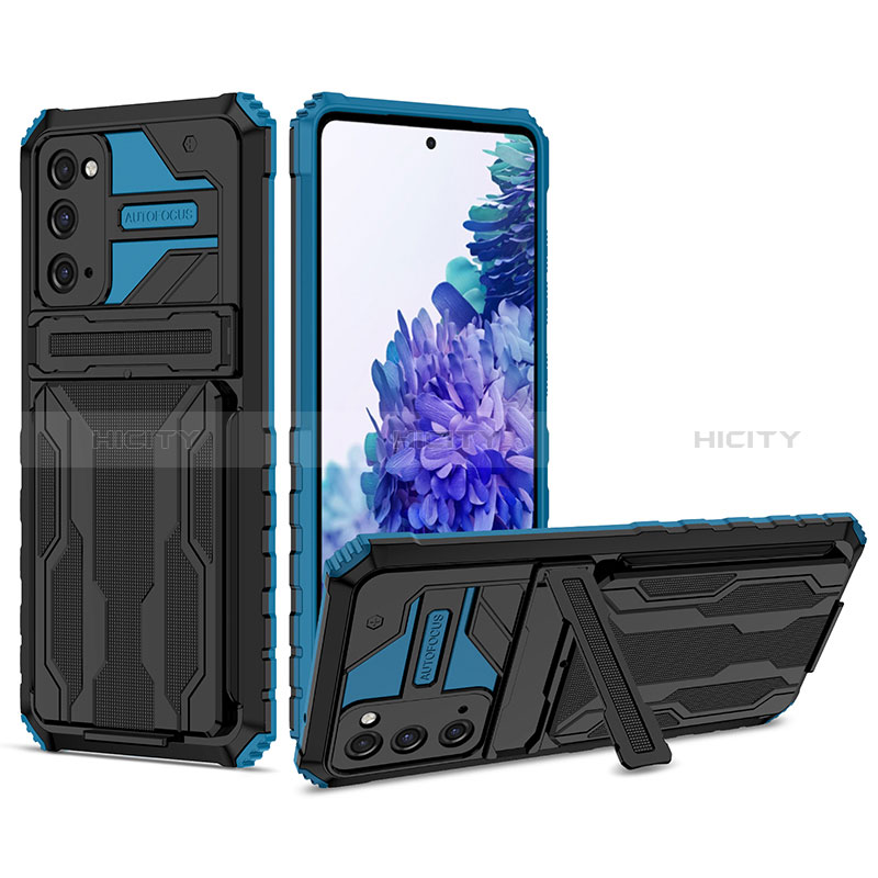 Silikon Hülle Handyhülle und Kunststoff Schutzhülle Hartschalen Tasche mit Ständer YF1 für Samsung Galaxy S20 FE 5G Blau