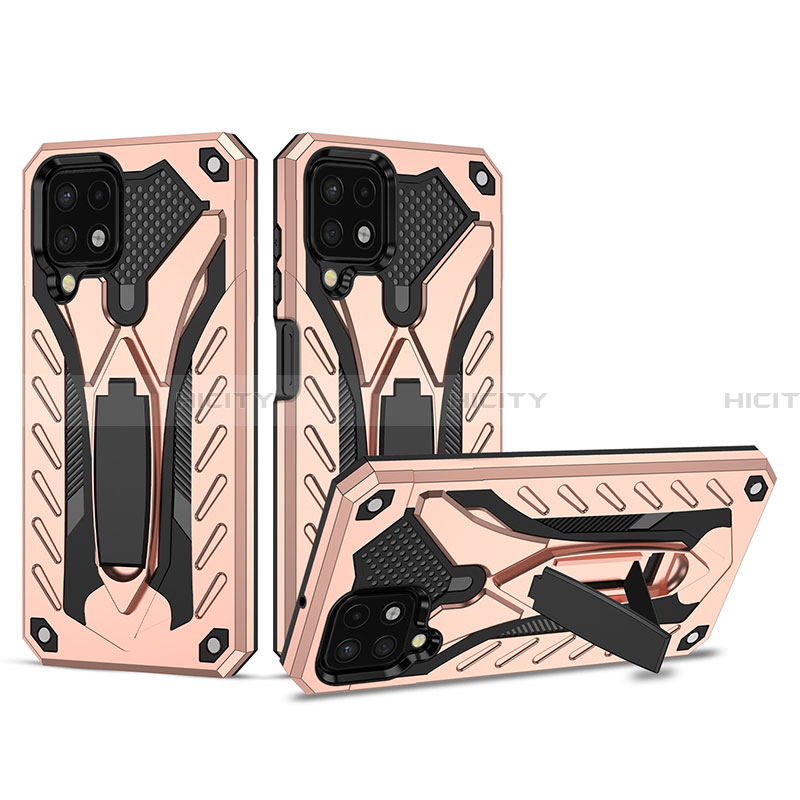 Silikon Hülle Handyhülle und Kunststoff Schutzhülle Hartschalen Tasche mit Ständer YF2 für Samsung Galaxy A22 4G Rosegold