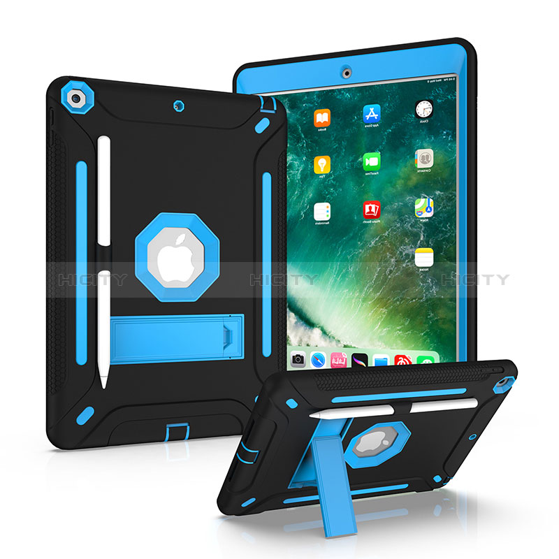 Silikon Hülle Handyhülle und Kunststoff Schutzhülle Hartschalen Tasche mit Ständer YJ2 für Apple iPad 10.2 (2019) Blau und Schwarz