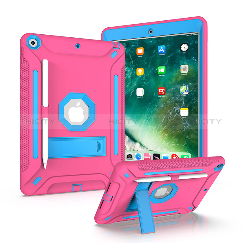 Silikon Hülle Handyhülle und Kunststoff Schutzhülle Hartschalen Tasche mit Ständer YJ2 für Apple iPad 10.2 (2019) Pink Plus