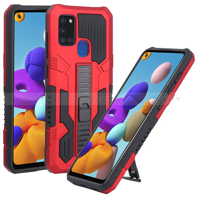 Silikon Hülle Handyhülle und Kunststoff Schutzhülle Hartschalen Tasche mit Ständer ZJ1 für Samsung Galaxy A21s Rot