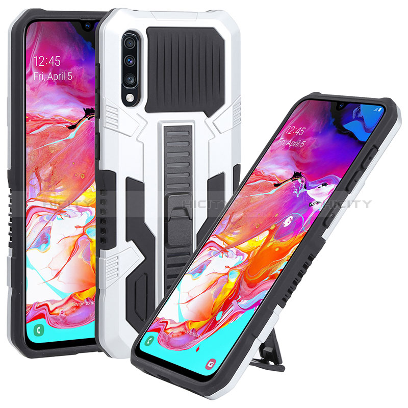 Silikon Hülle Handyhülle und Kunststoff Schutzhülle Hartschalen Tasche mit Ständer ZJ1 für Samsung Galaxy A70 Weiß