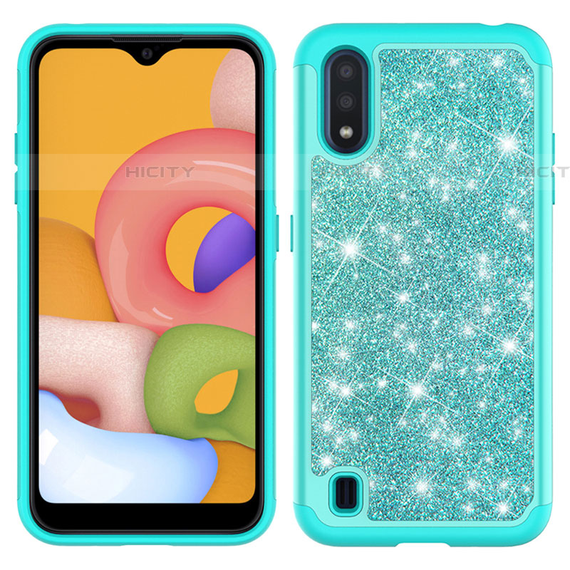 Silikon Hülle Handyhülle und Kunststoff Schutzhülle Hartschalen Tasche Vorder und Rückseite 360 Grad Ganzkörper Bling-Bling für Samsung Galaxy A01 SM-A015 Cyan